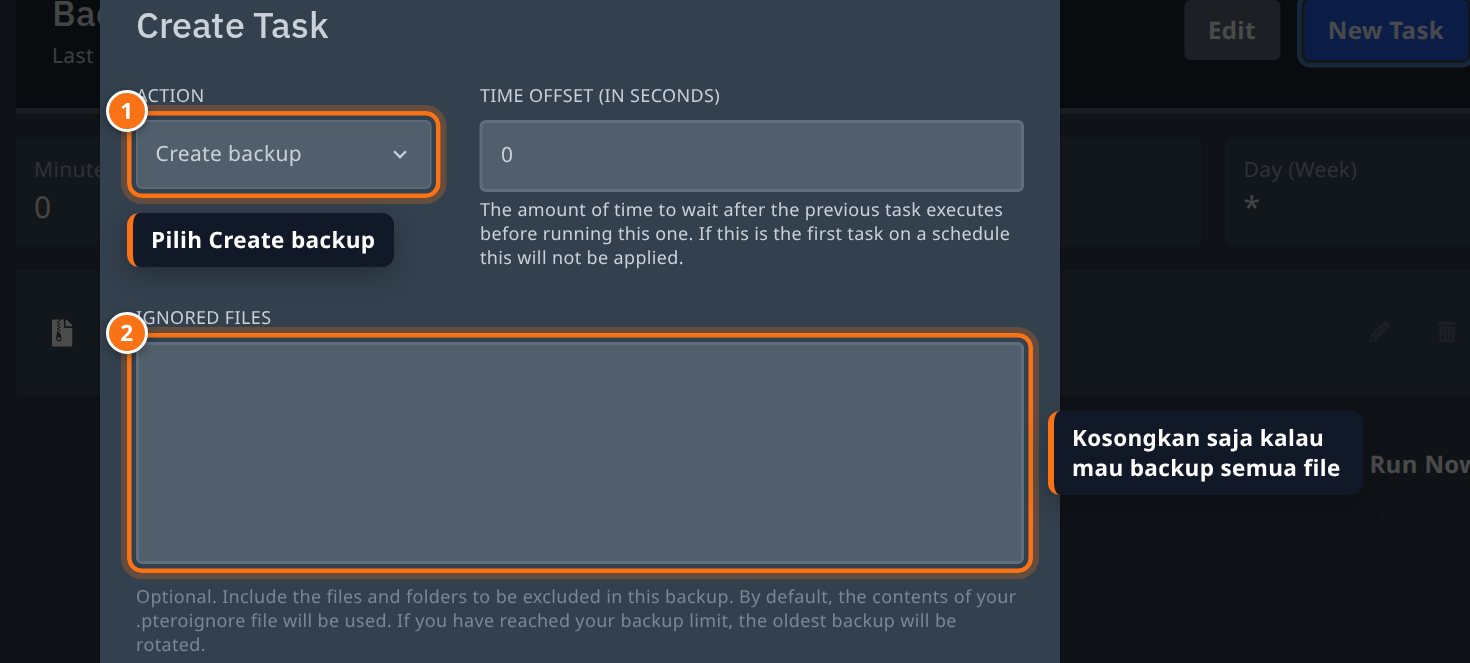 Form Create Task dengan Action Create backup dan kolom Ignored Files