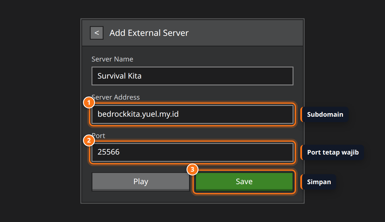 Form Add External Server Minecraft Bedrock berisi alamat bedrockkita.yuel.my.id dan port 25566