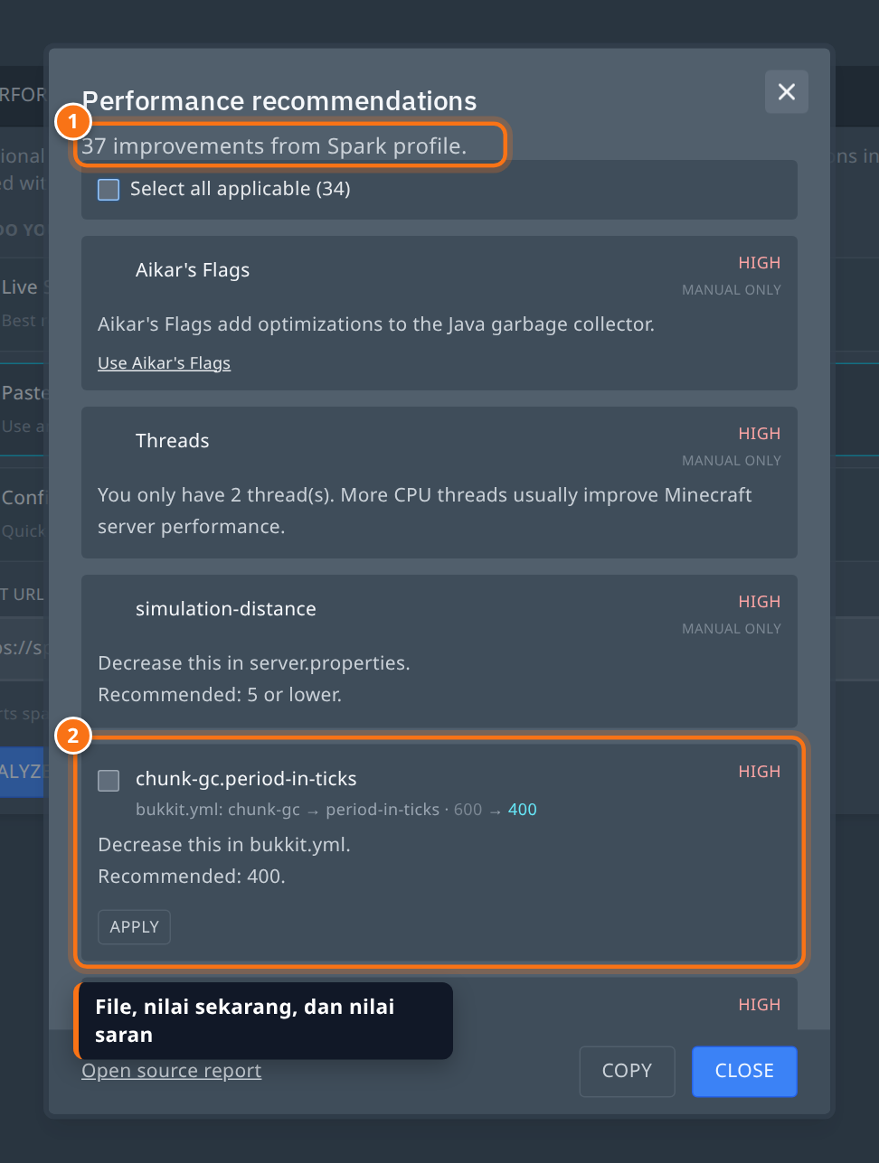 Jendela Performance recommendations menampilkan daftar saran dengan label HIGH dan nilai config
