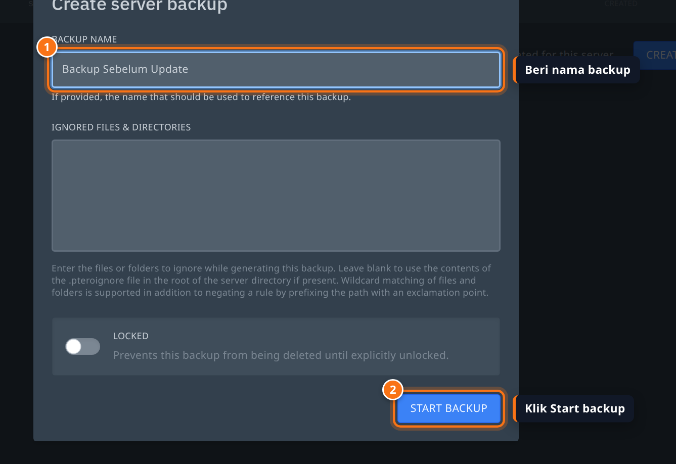 Form Create server backup dengan kolom Backup name dan tombol Start backup