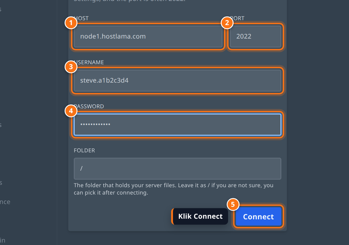 Kolom Host, Port, Username, dan Password terisi, dengan tombol Connect disorot