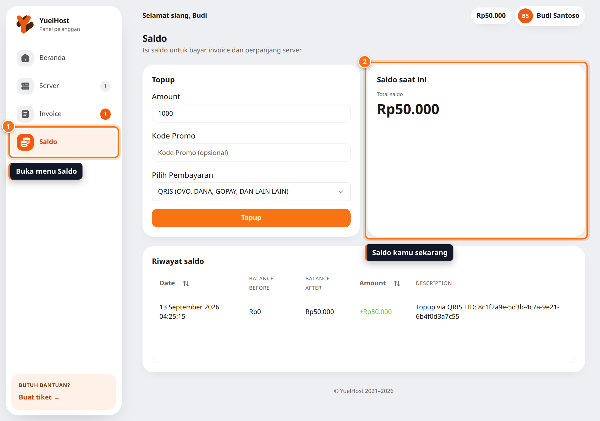 Halaman Saldo di dashboard YuelHost dengan menu Saldo dan kotak saldo saat ini disorot
