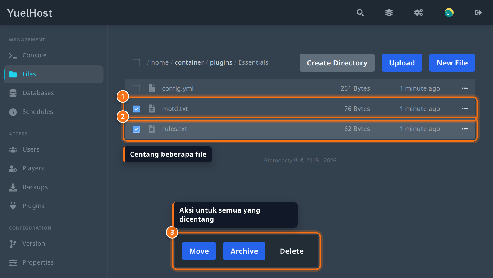 Dua file dicentang dan bar aksi Move, Archive, Delete muncul di bawah
