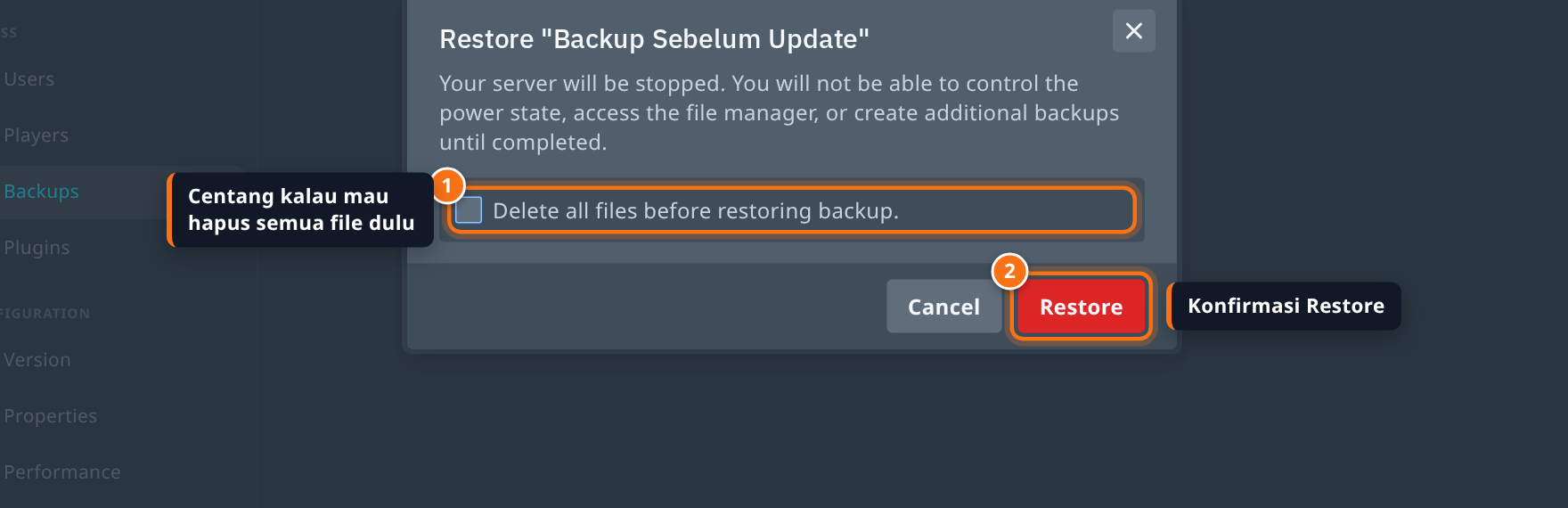 Dialog konfirmasi restore backup dengan pilihan hapus semua file