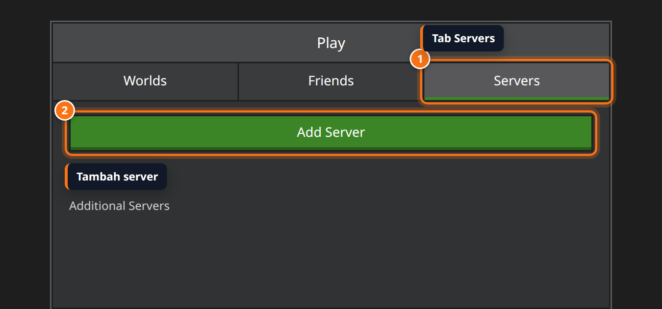 Menu Play Minecraft Bedrock di tab Servers dengan tombol Add Server disorot
