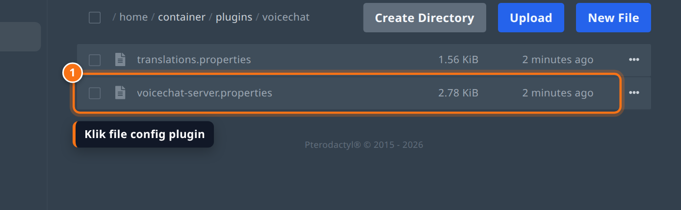 File manager YuelHost menampilkan file voicechat-server.properties di folder plugins/voicechat