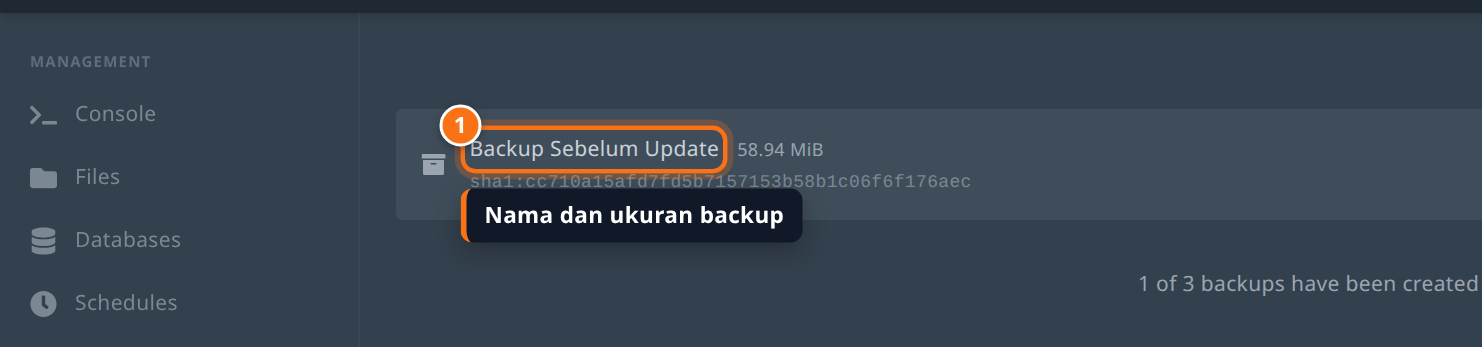 Baris backup yang sudah selesai beserta ukuran filenya