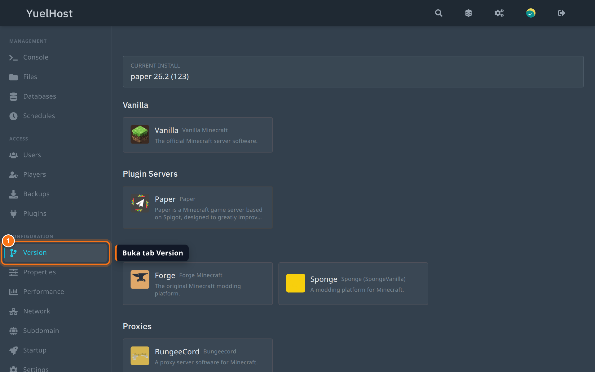 Tab Version di panel server YuelHost