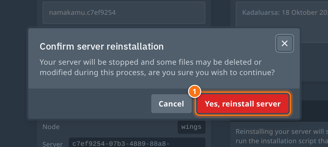 Dialog Confirm server reinstallation dengan tombol Yes, reinstall server disorot