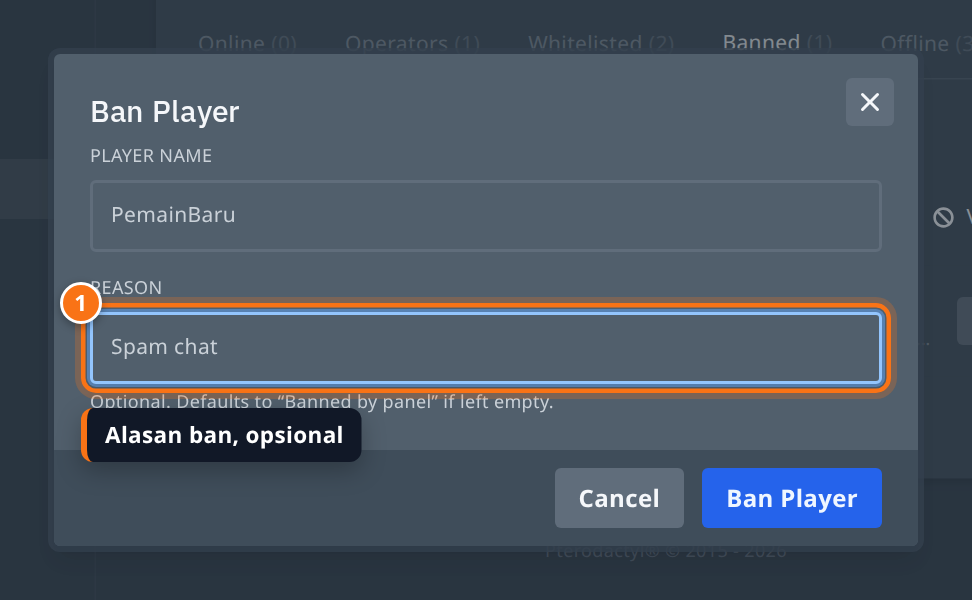 Jendela Ban Player dengan kolom Player name dan Reason terisi