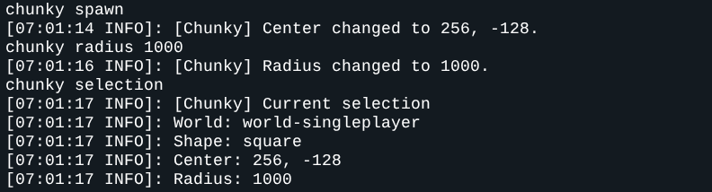 Console menampilkan hasil chunky spawn, chunky radius 1000, dan chunky selection dengan center 256, -128 dan radius 1000