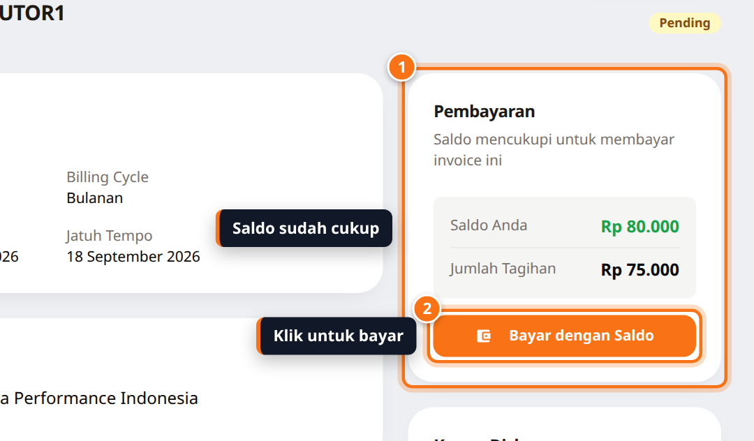 Kotak Pembayaran invoice dengan saldo Rp80.000 yang cukup dan tombol Bayar dengan Saldo