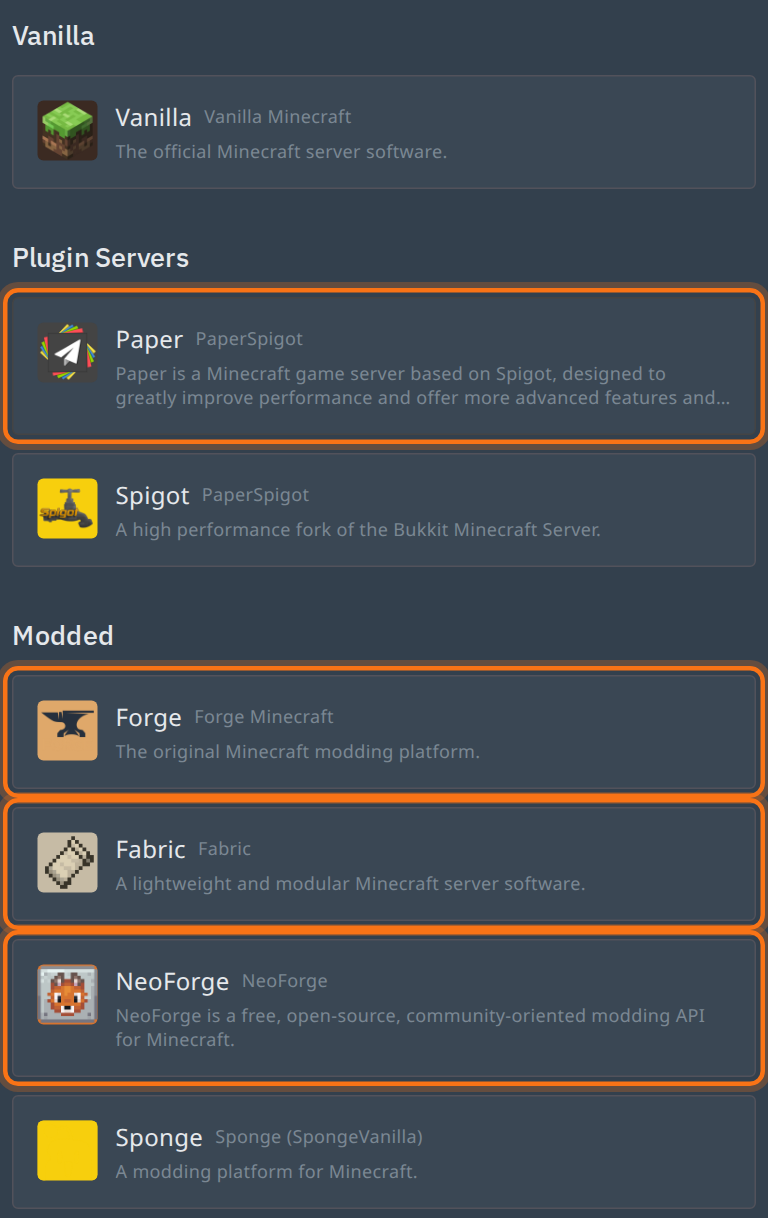 Tab Version menampilkan kartu Paper di Plugin Servers serta Forge, Fabric, dan NeoForge di Modded