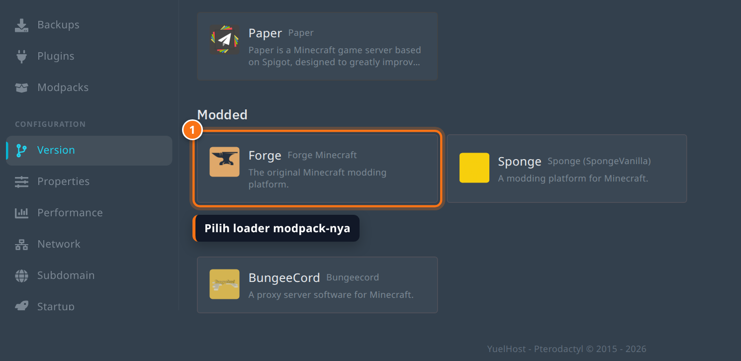 Tab Version dengan kartu Forge di bagian Modded disorot