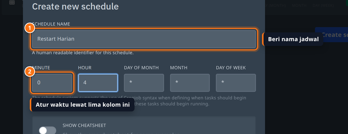 Form Create new schedule dengan kolom nama dan lima kolom waktu