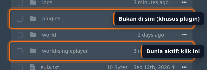 Tab Files menampilkan folder plugins, world, dan world-singleplayer; folder world-singleplayer ditandai sebagai dunia aktif