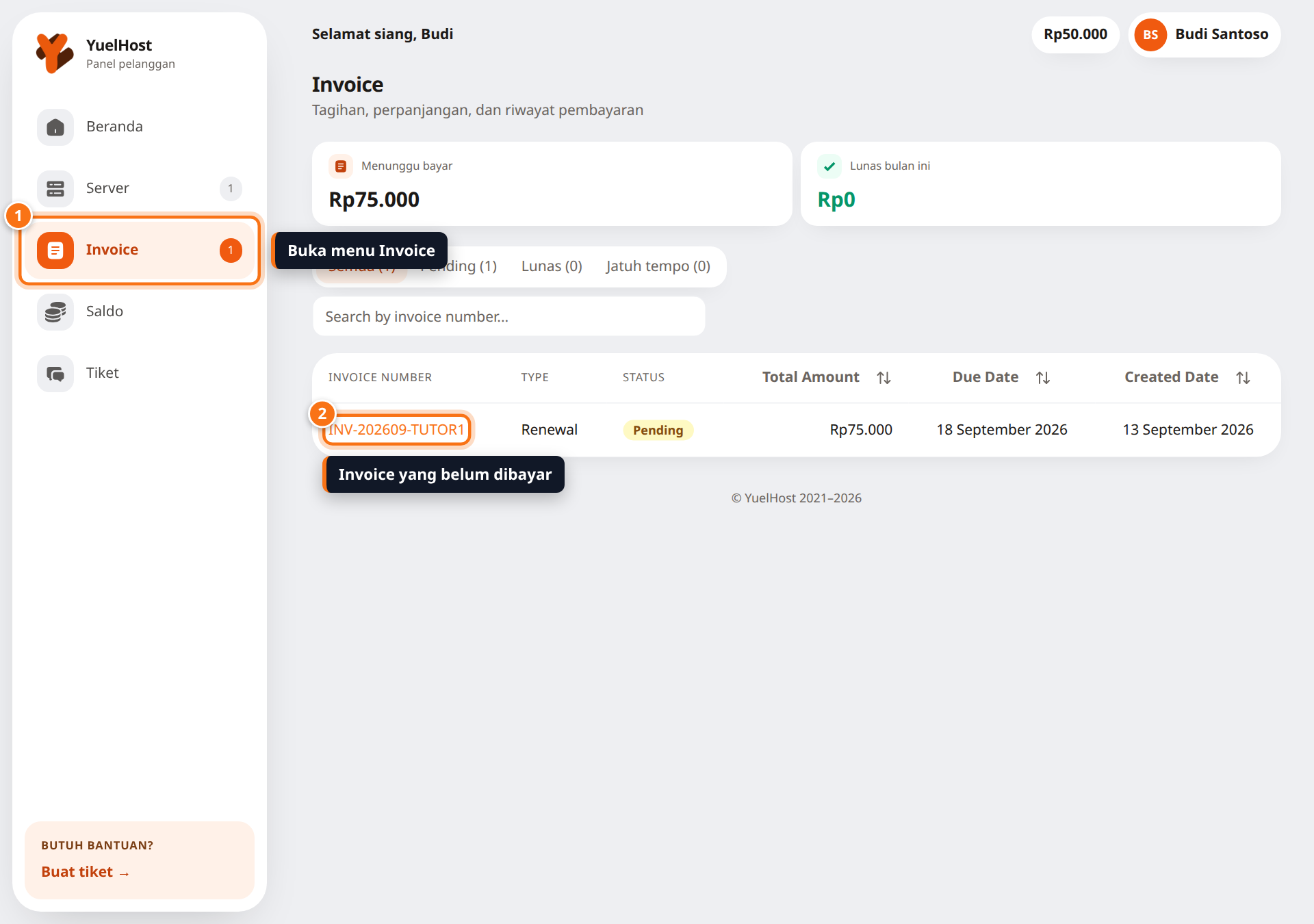Daftar Invoice dengan satu invoice Renewal berstatus Pending