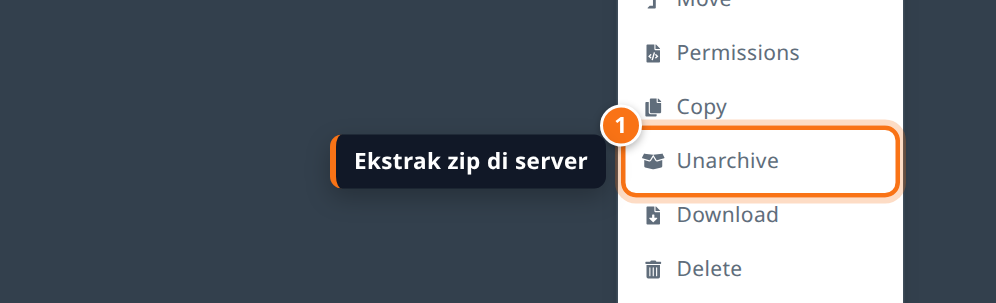 Menu file di panel YuelHost dengan pilihan Unarchive disorot