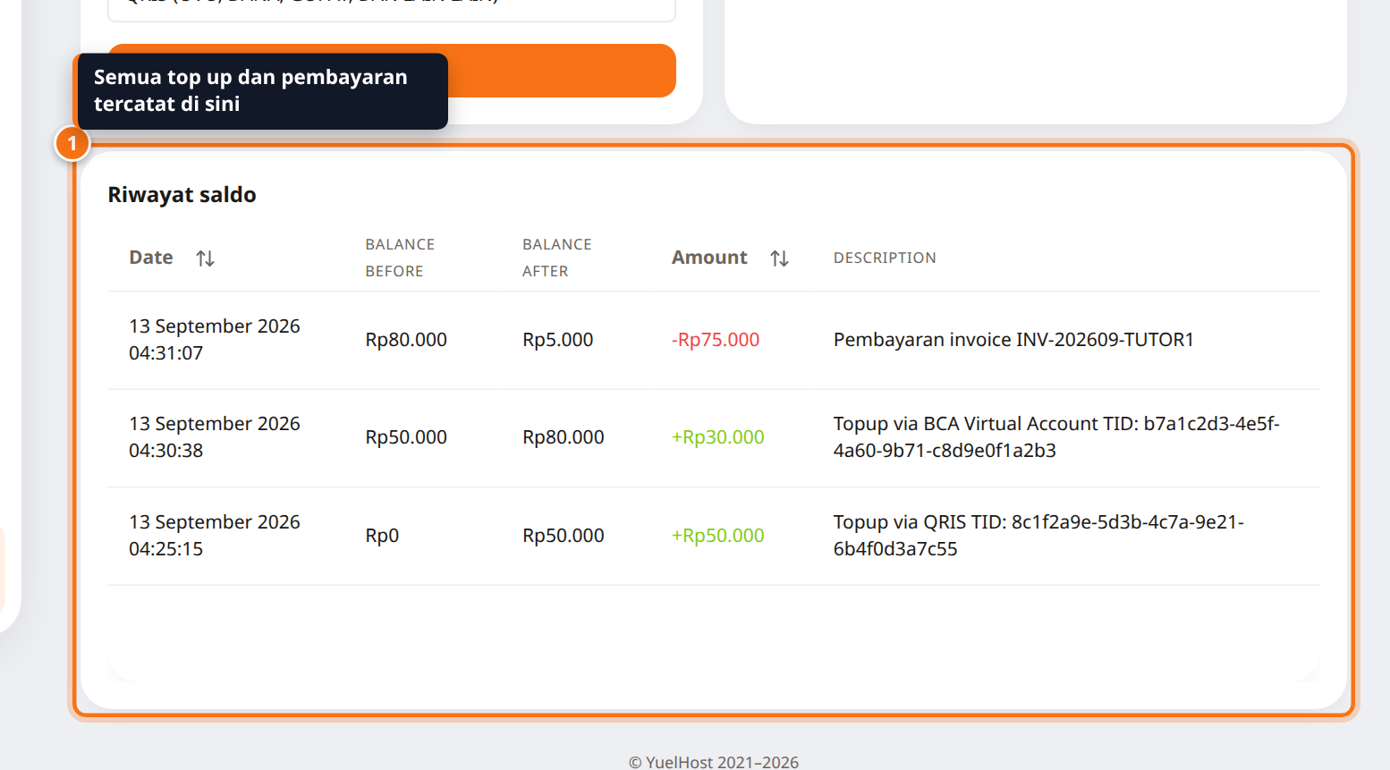 Tabel Riwayat saldo berisi dua top up dan satu pembayaran invoice