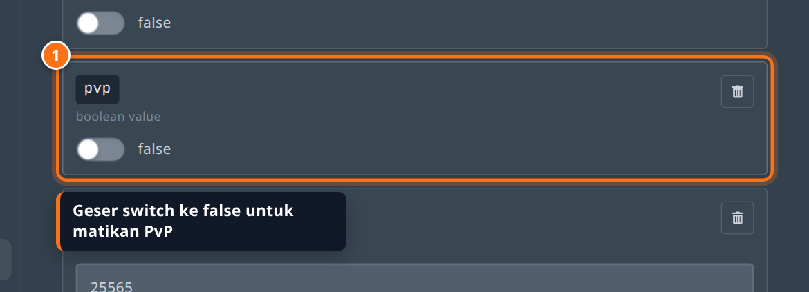 Kartu pvp di tab Properties dengan switch dalam posisi false