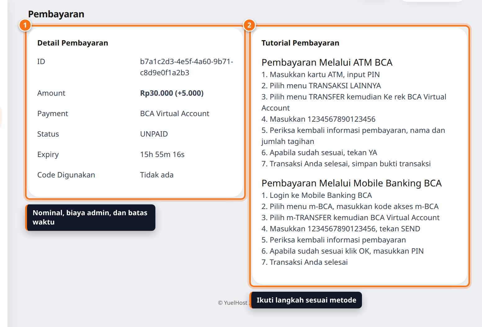 Halaman Pembayaran berisi detail nominal dengan biaya admin, status UNPAID, sisa waktu, dan tutorial pembayaran BCA Virtual Account