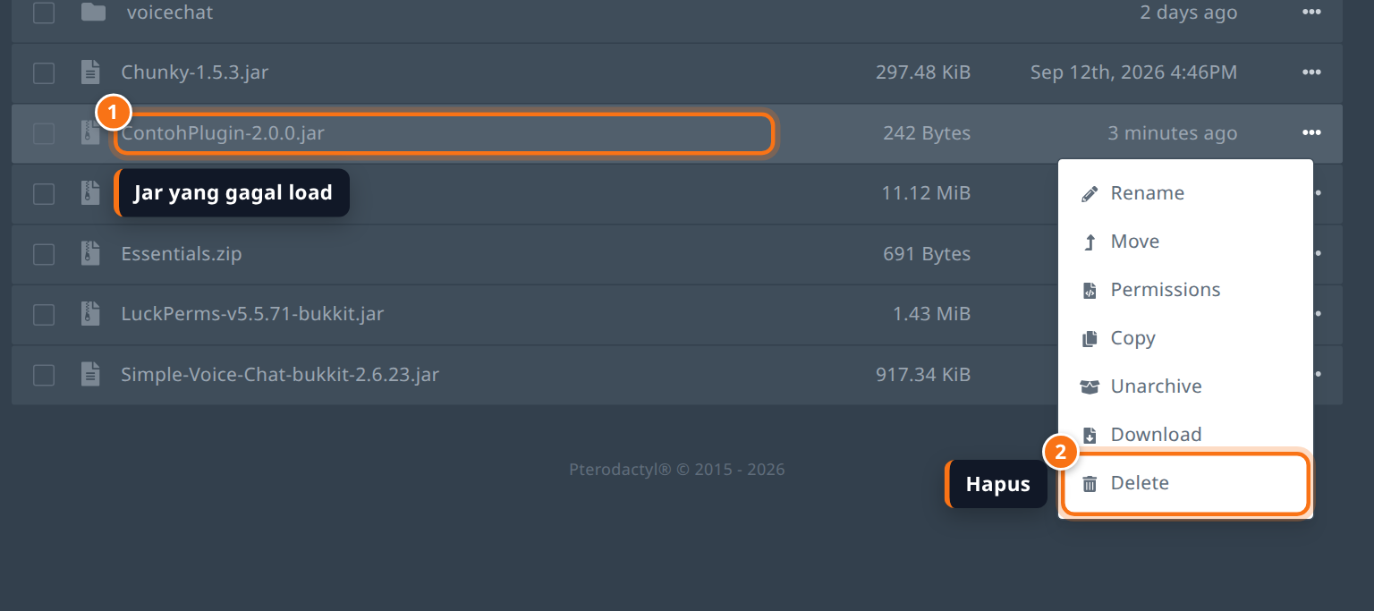 Menu file di folder plugins dengan ContohPlugin-2.0.0.jar dan pilihan Delete disorot