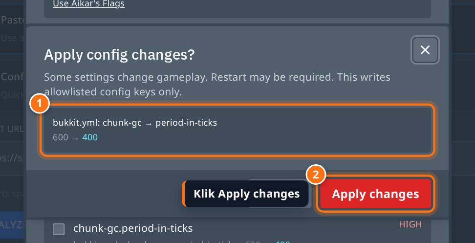 Dialog konfirmasi Apply config changes dengan daftar perubahan nilai di bukkit.yml