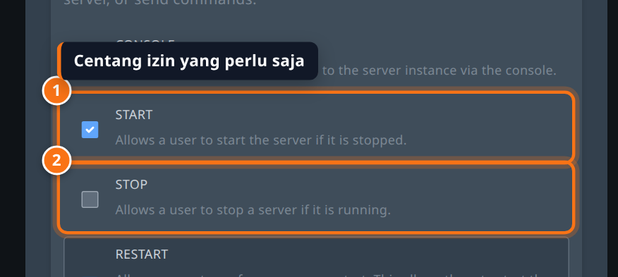Daftar izin grup control dengan beberapa checkbox dicentang