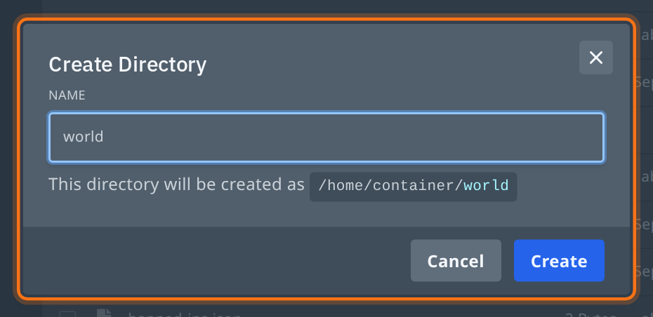 Jendela Create Directory dengan nama world