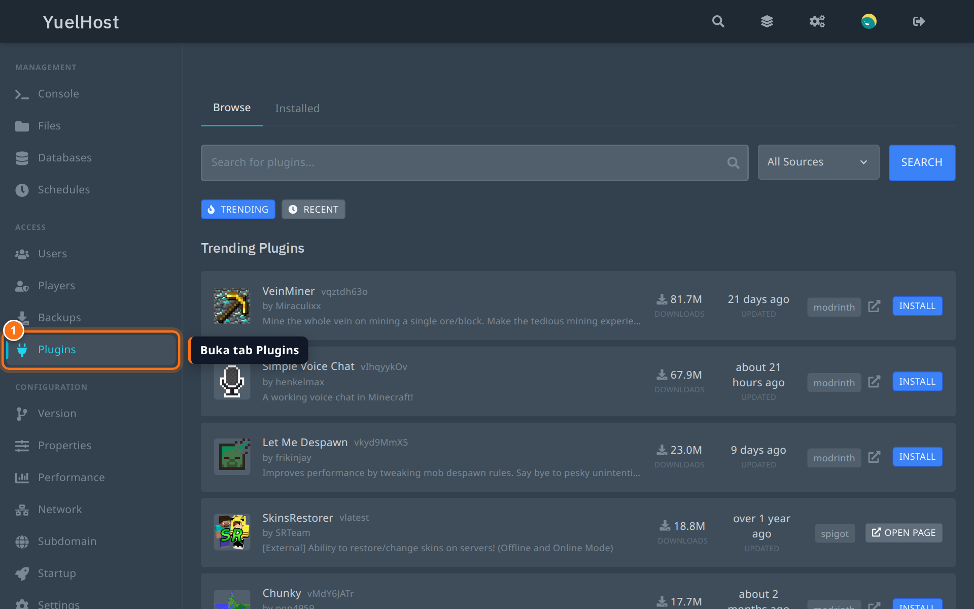 Tab Plugins di panel server YuelHost dengan daftar plugin trending