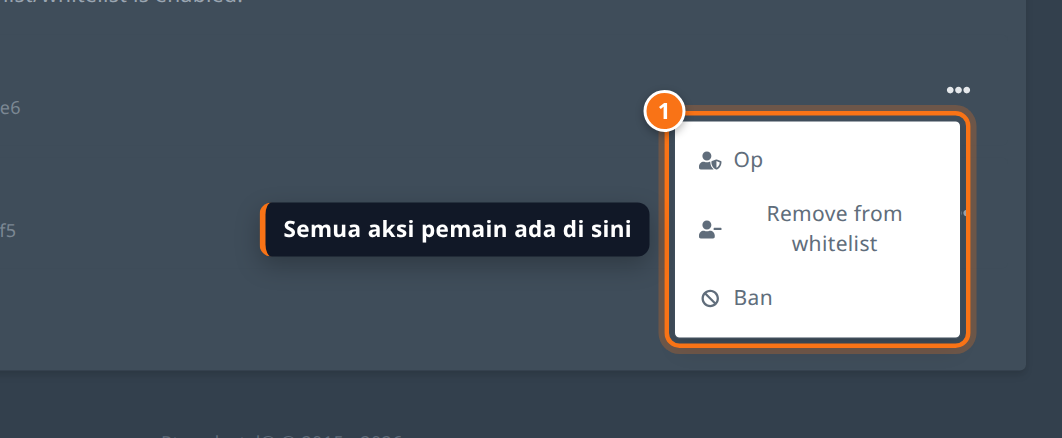 Menu titik tiga pada baris pemain menampilkan Op, Remove from whitelist, dan Ban