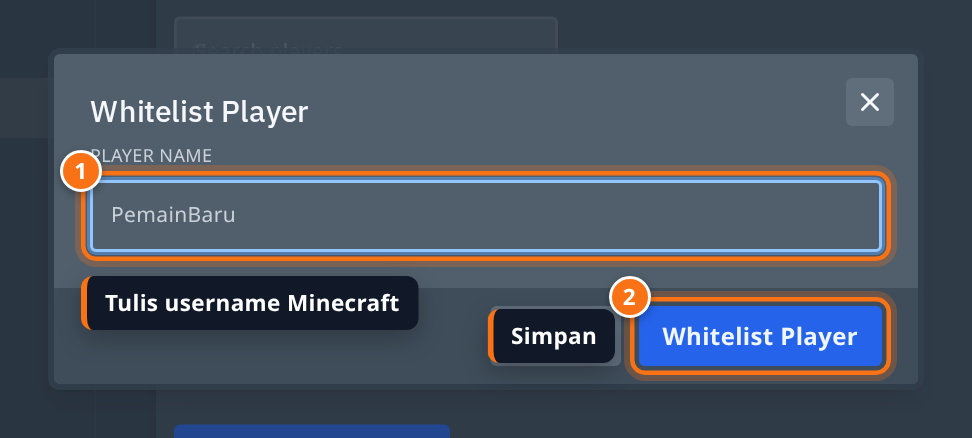 Jendela Whitelist Player dengan kolom Player name terisi username