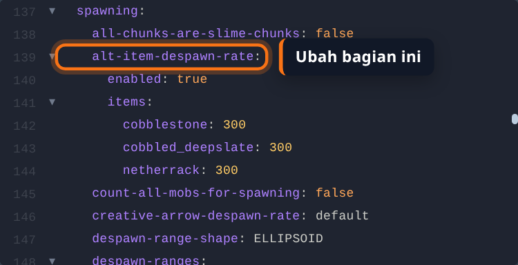 Bagian alt-item-despawn-rate di paper-world-defaults.yml dengan enabled true dan tiga item bernilai 300