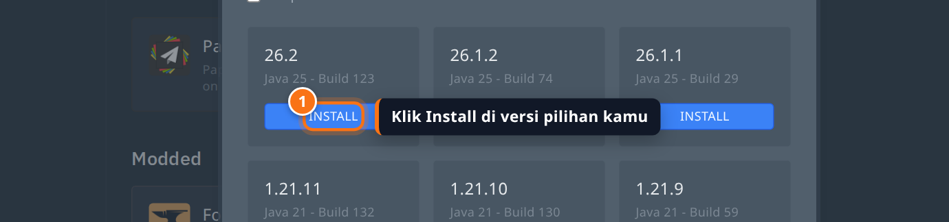 Tombol Install pada kartu versi Minecraft