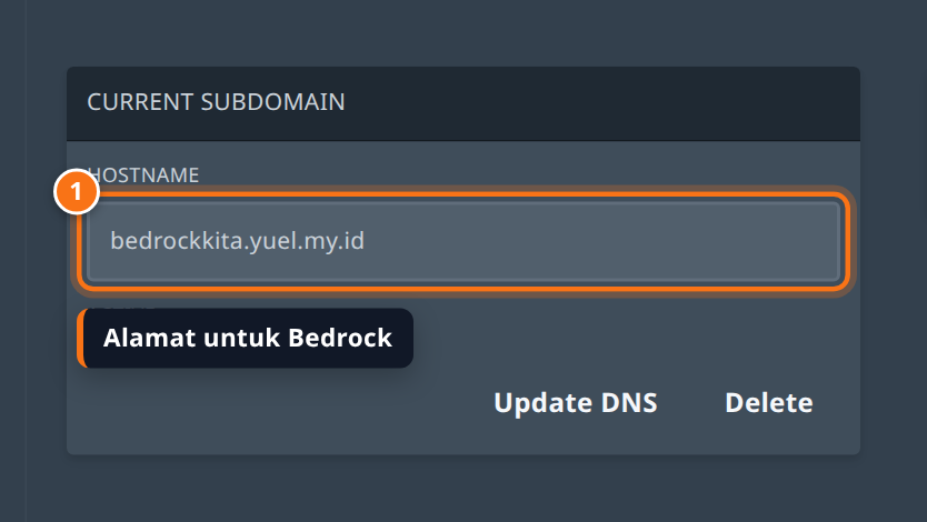 Kotak Current Subdomain server Bedrock menampilkan hostname bedrockkita.yuel.my.id