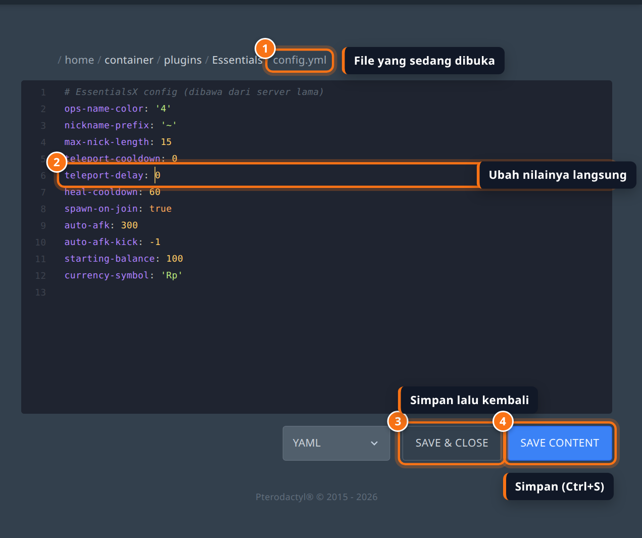 Editor file config.yml dengan baris teleport-delay dan tombol Save Content disorot