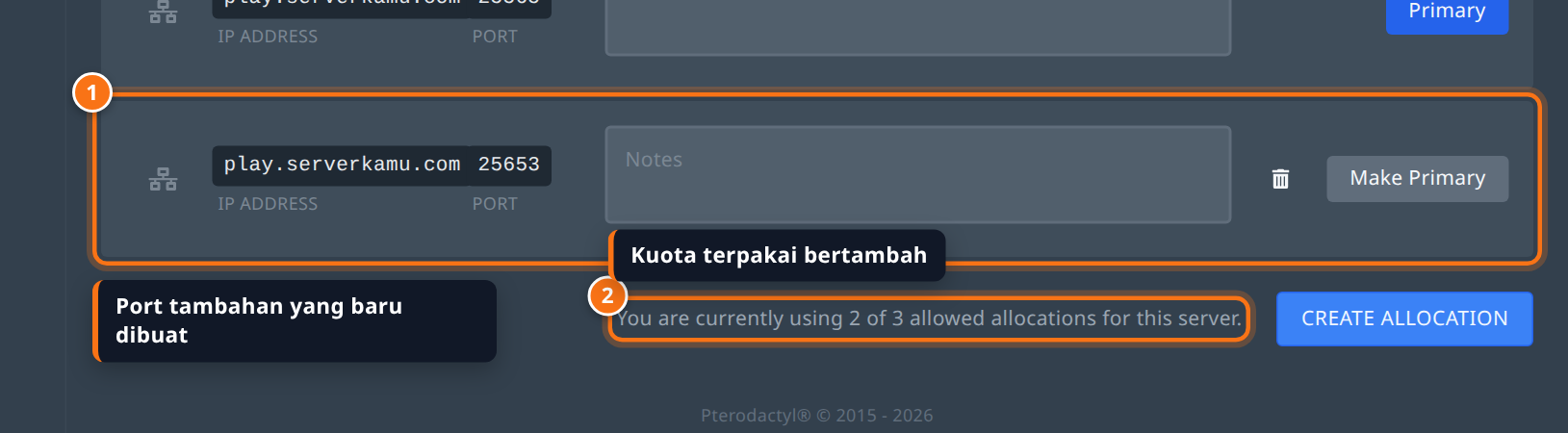 Baris allocation baru dengan port tambahan dan hitungan kuota yang bertambah