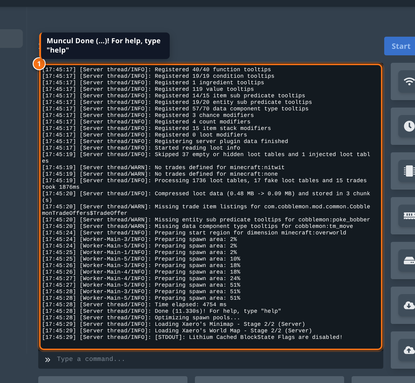 Console menampilkan baris Done (11.330s)! For help, type help