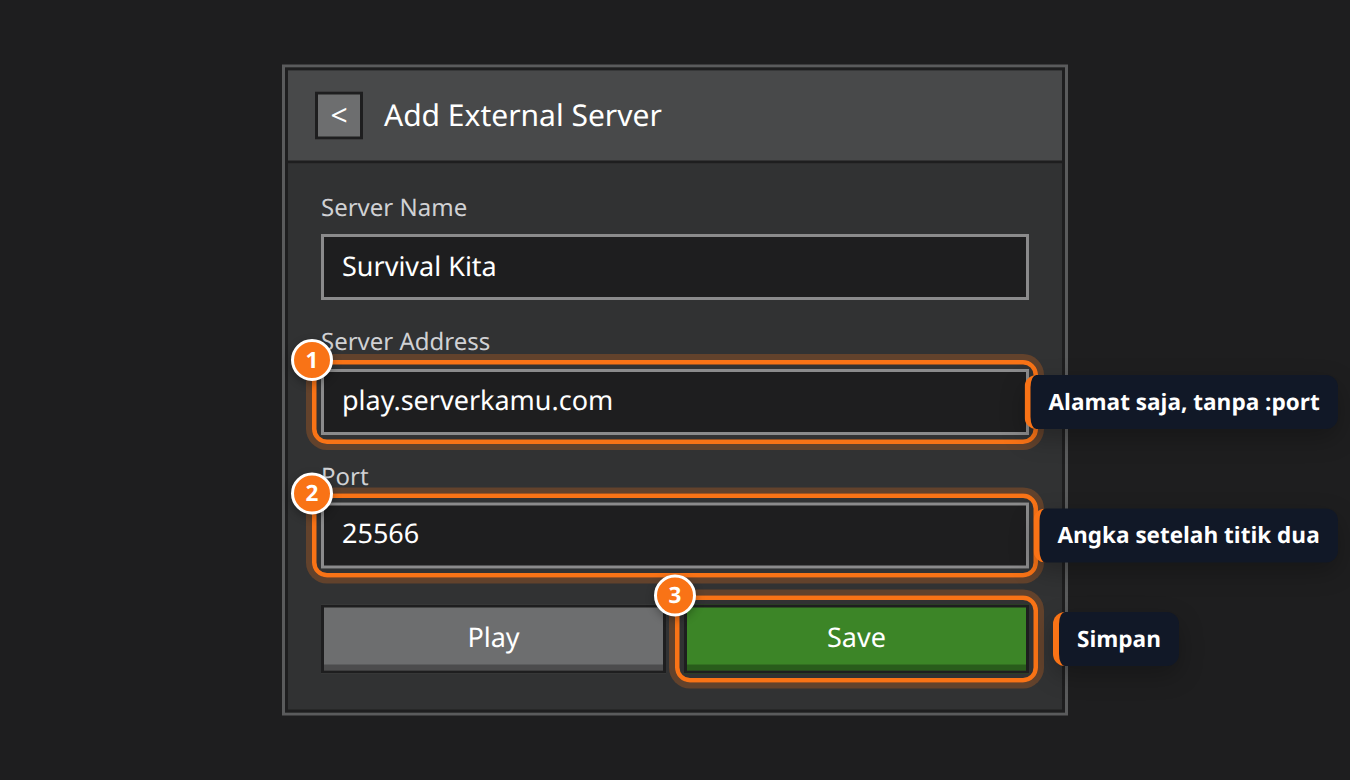 Form Add External Server Minecraft Bedrock dengan Server Address dan Port terisi