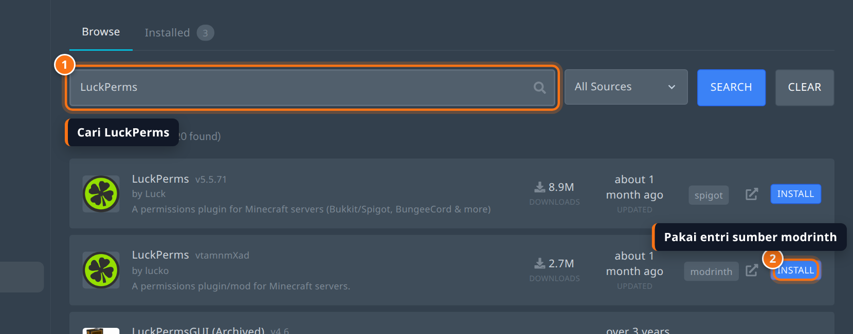 Hasil pencarian LuckPerms di tab Plugins dengan tombol Install pada entri modrinth