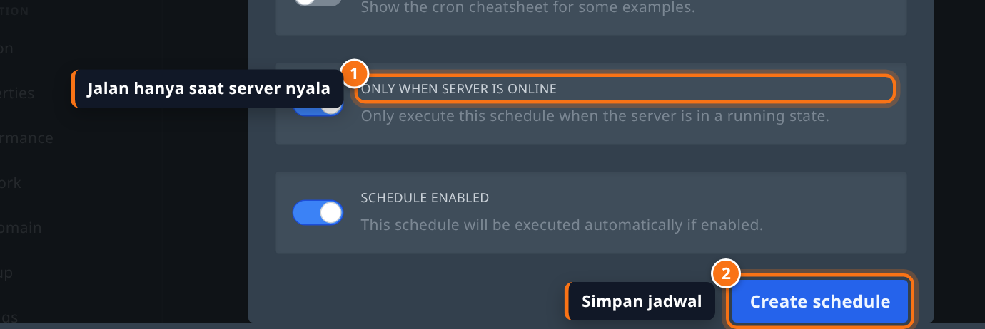 Opsi Only When Server Is Online dan tombol simpan jadwal
