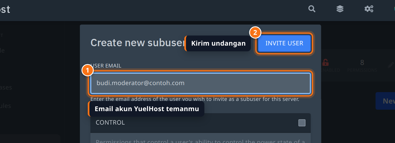 Form Create new subuser dengan kolom User Email terisi dan tombol Invite User