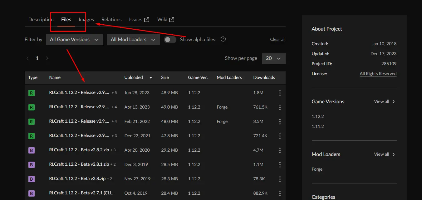 Tab Files di halaman RLCraft di CurseForge
