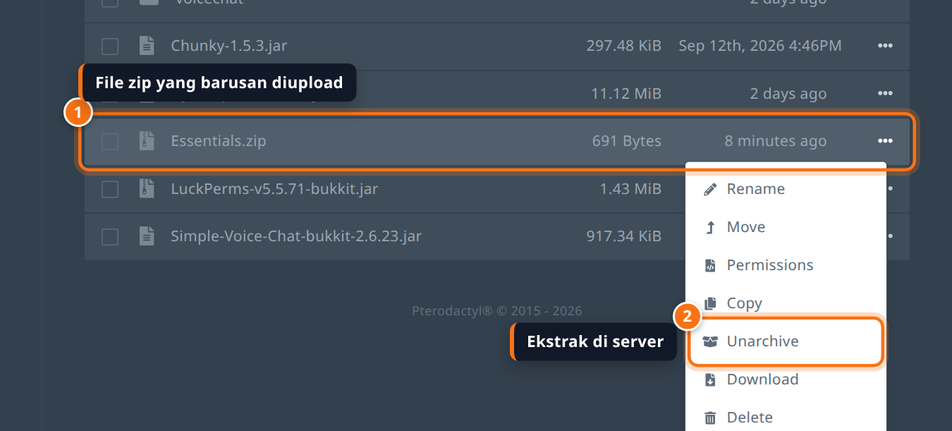 Menu file Essentials.zip dengan pilihan Unarchive disorot
