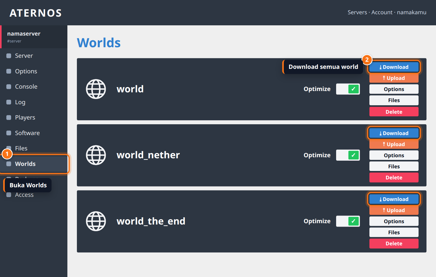 Ilustrasi halaman Worlds di Aternos dengan tombol Download di tiap world disorot