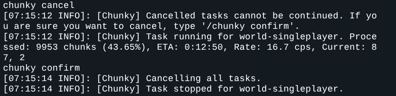 Console menampilkan chunky cancel yang meminta konfirmasi, lalu chunky confirm dengan pesan Cancelling all tasks