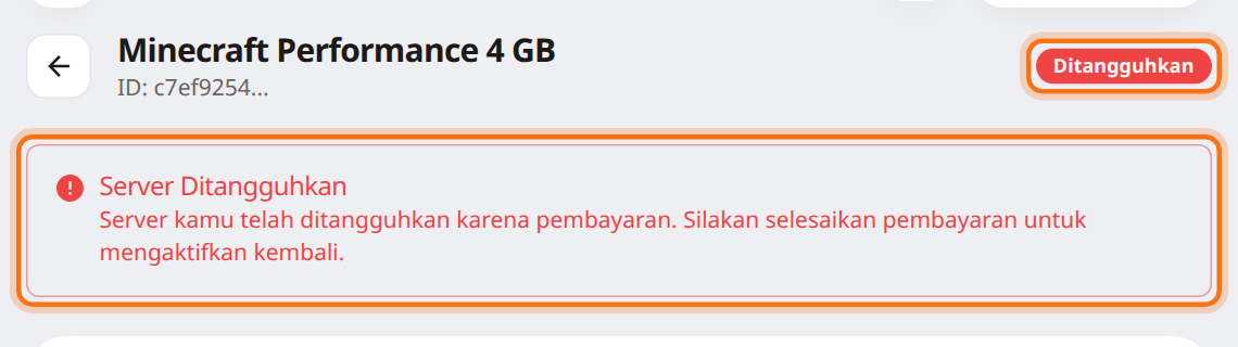 Halaman server menampilkan peringatan Server Ditangguhkan karena pembayaran