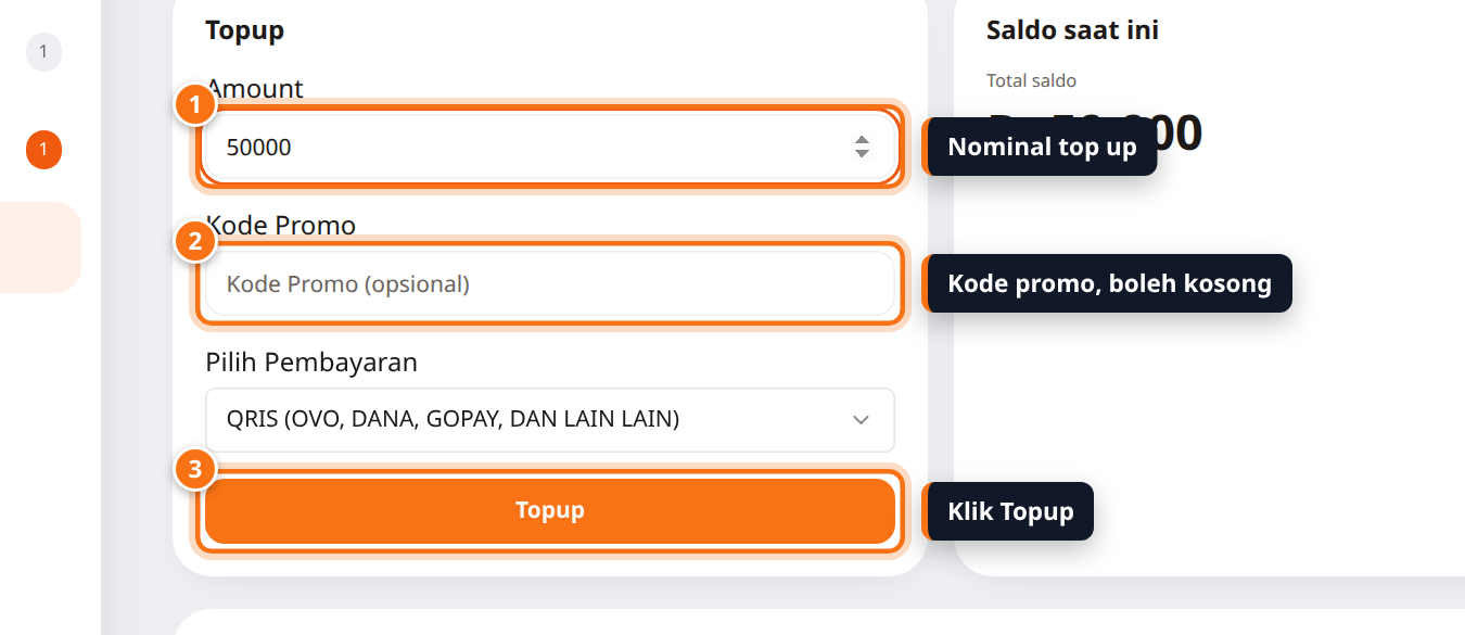 Form Topup berisi nominal 50000, kolom kode promo, dan tombol Topup