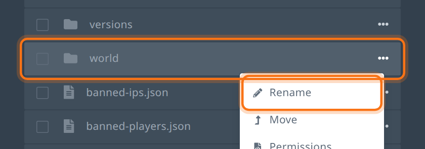 Menu titik tiga pada folder world di tab Files dengan pilihan Rename disorot