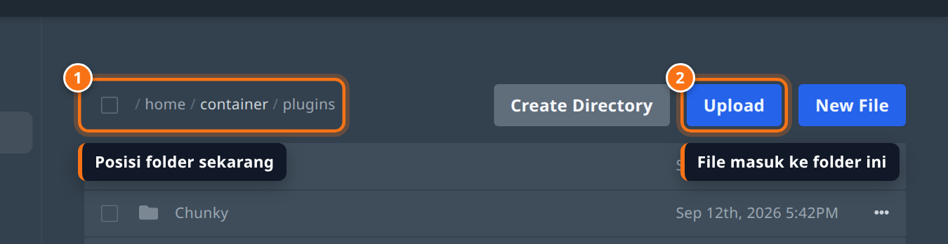 Folder plugins terbuka dengan baris alamat dan tombol Upload disorot